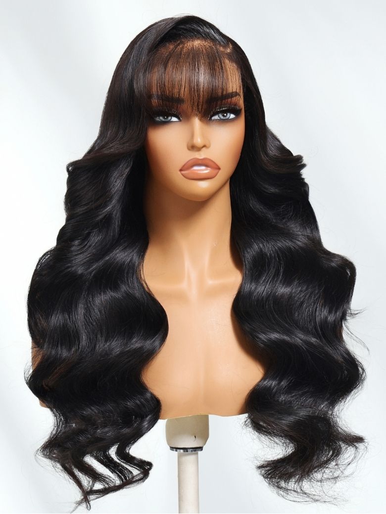 Nadula Pre everything? 13x4 Lace Frontal Fluffy Natural Loose Body Wave With Vintage Air Bangs Put on and Go Human Hair Wigs