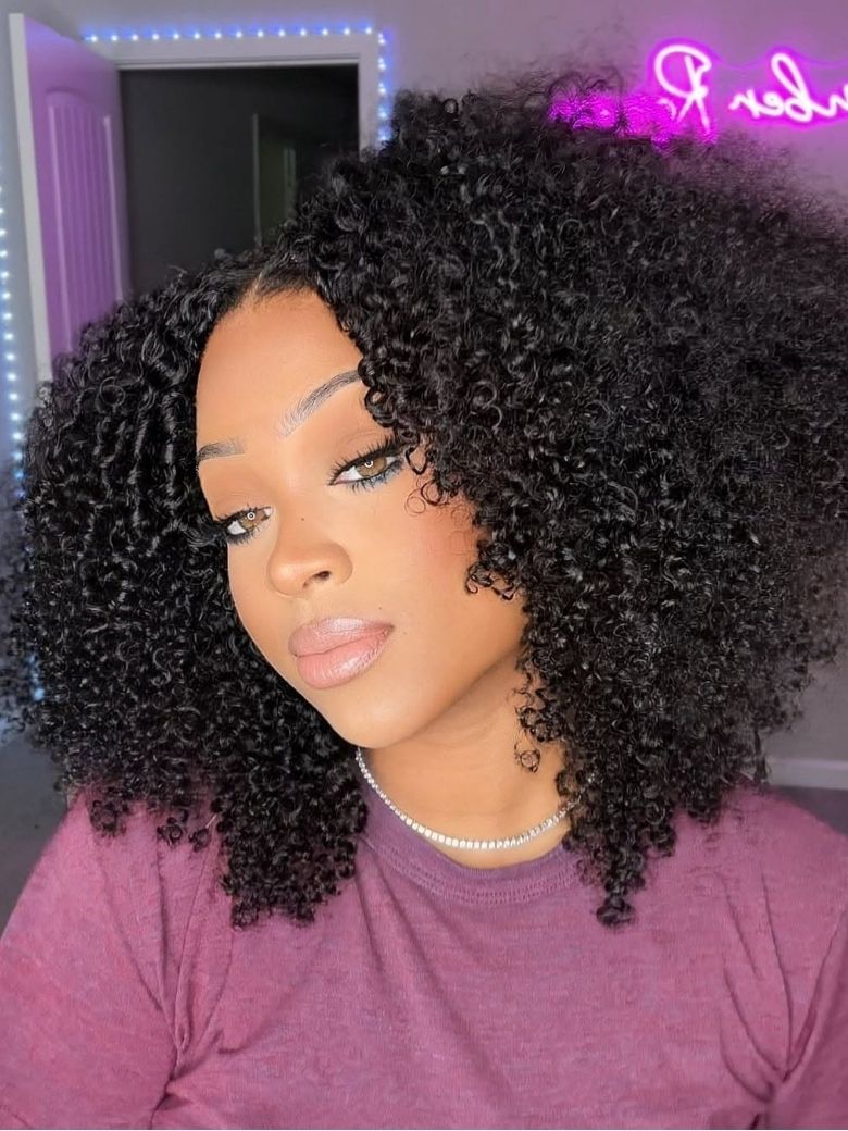 Nadula Afro Curly 2x4 Minimal Real-Part Lace 3/4 Half Wig Put On and Go Kinky Curly Human Hair Wigs with Invisi Drawstring
