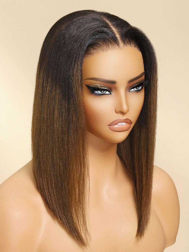 Nadula Bye Bye Knots Yaki Straight Bob Wig Chestnut Brown Ombre Color 7x5 Pre-Bleached Natural Looking Glueless Wig