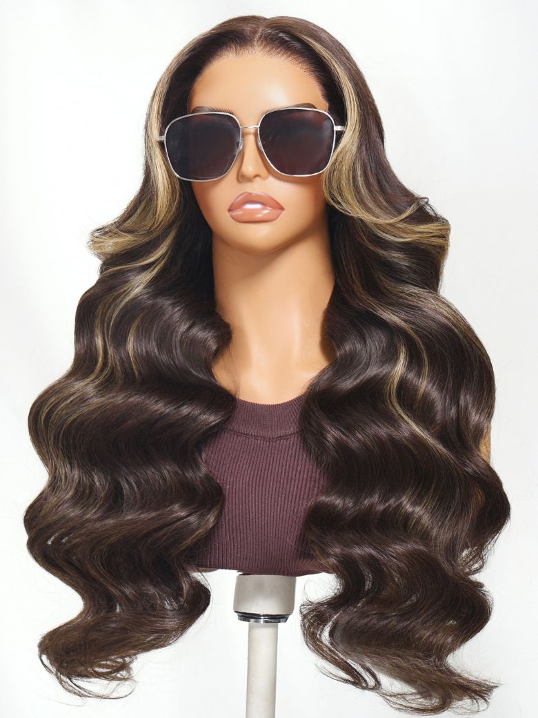 Nadula 7x5 Bye Bye Knots Loose Body Wave Lace Closure Wig Rich Chocolate Brown Hair with Face-Framing Highlights