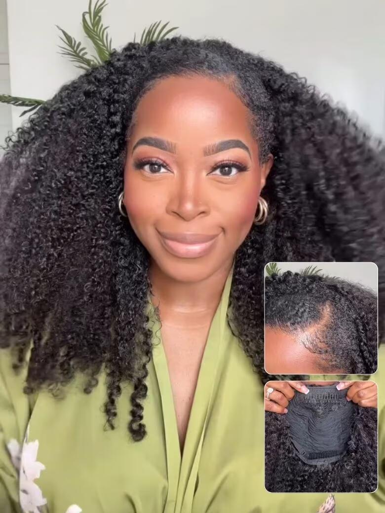 Nadula Afro Curly Blend & Secure Half Wig 4C Kinky Curly Human Hair 3/4 Half Wig Beginner Friendly