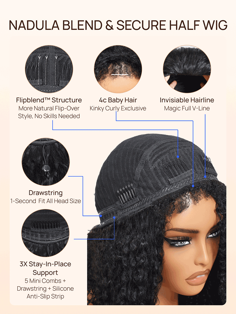 Nadula Afro Curly Blend & Secure Half Wig 4C Kinky Curly Human Hair 3/4 Half Wig Beginner Friendly