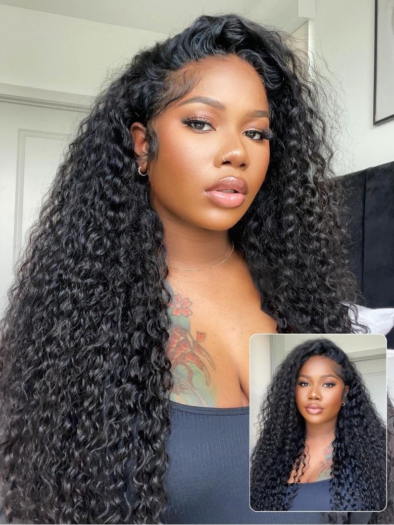 Nadula Pre everything? 13x4 Transparent Lace Mixed Curls Water Wave & Jerry Curly Fluffy Wig Put on and Go Human Hair Wigs