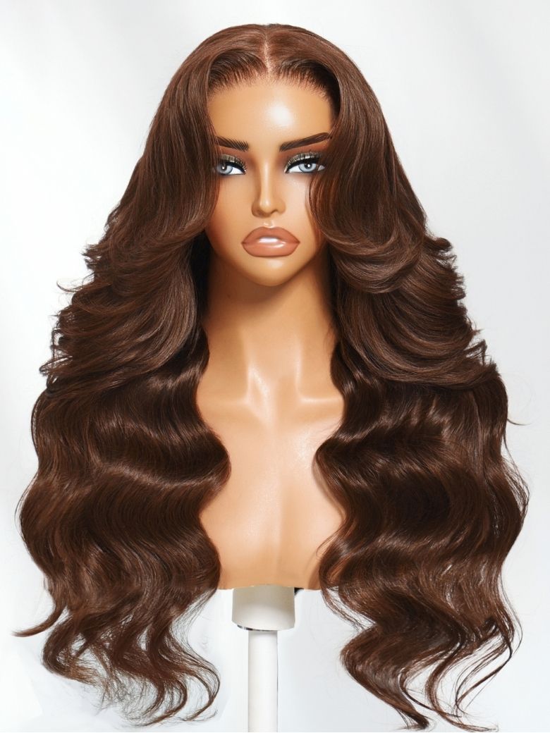 Nadula 13x4 Pre everything? Medium Chocolate Brown With Curtain Bangs Ear To Ear Lace Put on and Go Wig with Invisi Drawstring