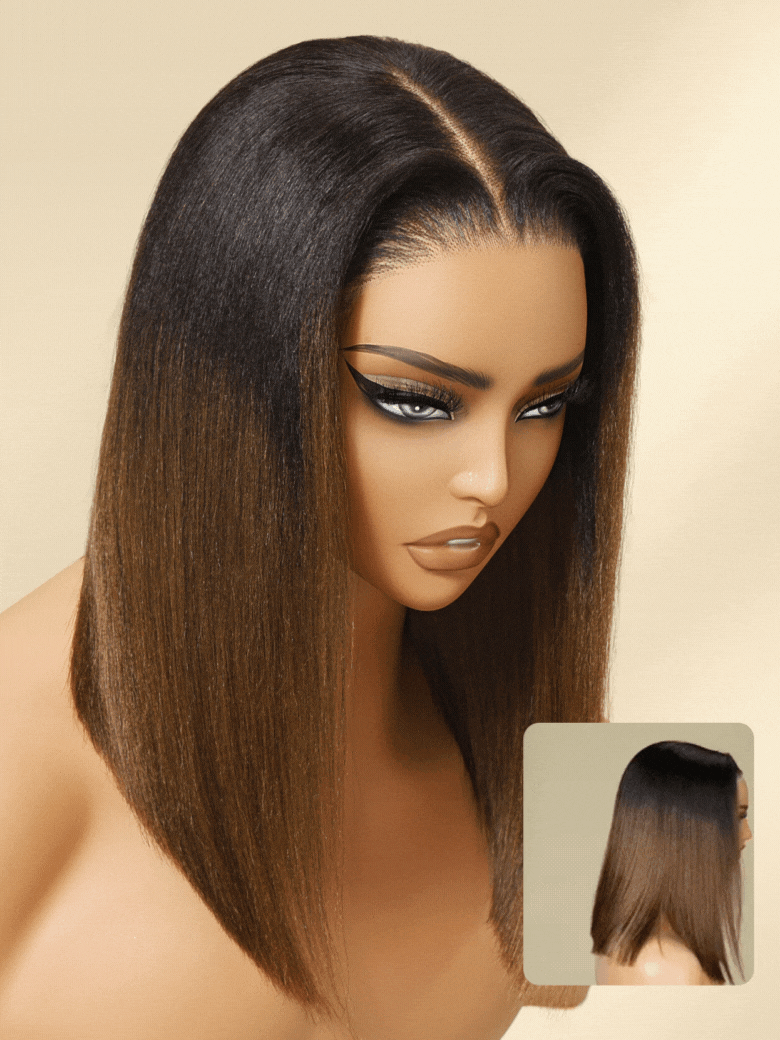 Nadula Bye Bye Knots Yaki Straight Bob Wig Chestnut Brown Ombre Color 7x5 Pre-Bleached Natural Looking Glueless Wig