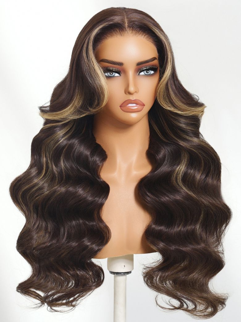 Nadula 7x5 Bye Bye Knots Loose Body Wave Lace Closure Wig Rich Chocolate Brown Hair with Face-Framing Highlights