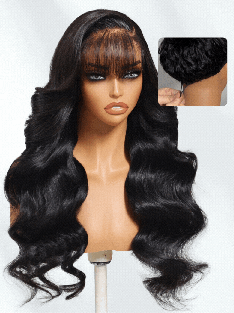 Nadula Pre everything? 13x4 Lace Frontal Fluffy Natural Loose Body Wave With Vintage Air Bangs Put on and Go Human Hair Wigs