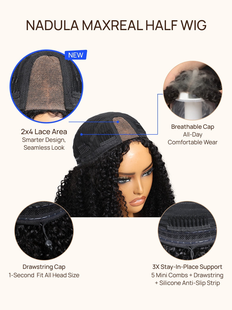 Nadula Afro Curly 2x4 Minimal Real-Part Lace 3/4 Half Wig