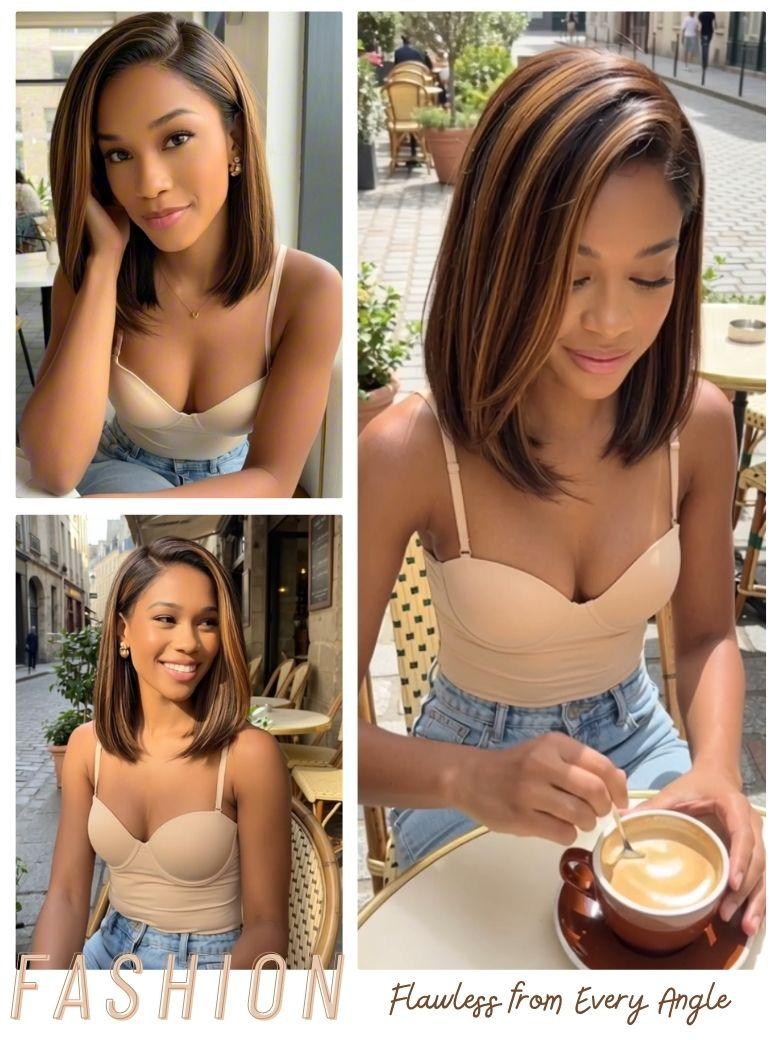 Nadula 7x5 Balayage Highlight Yaki Straight Bob Wig Pre-Bleached Natural