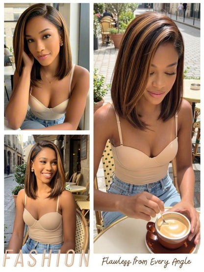 Nadula 7x5 Balayage Highlight Yaki Straight Bob Wig Pre-Bleached Natural