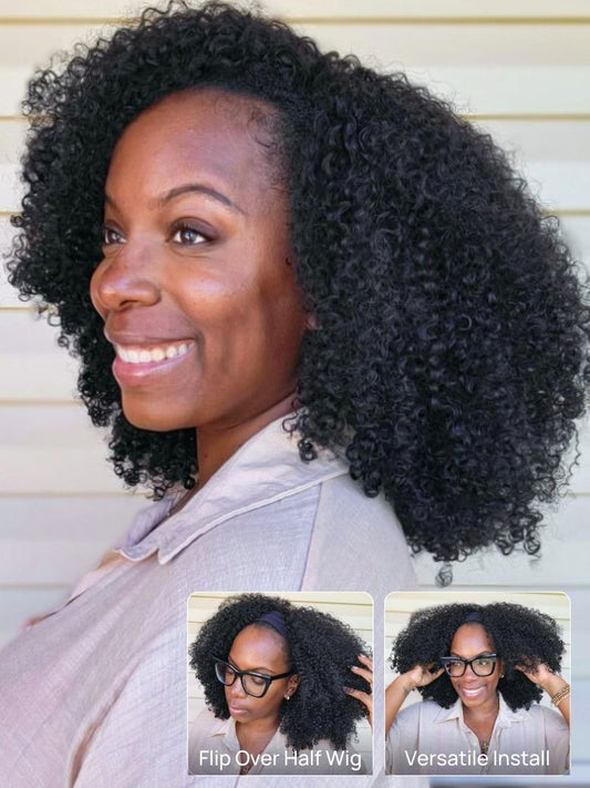 Nadula Afro Curly Blend & Secure Half Wig 4C Kinky Curly Human Hair 3/4 Half Wig Beginner Friendly
