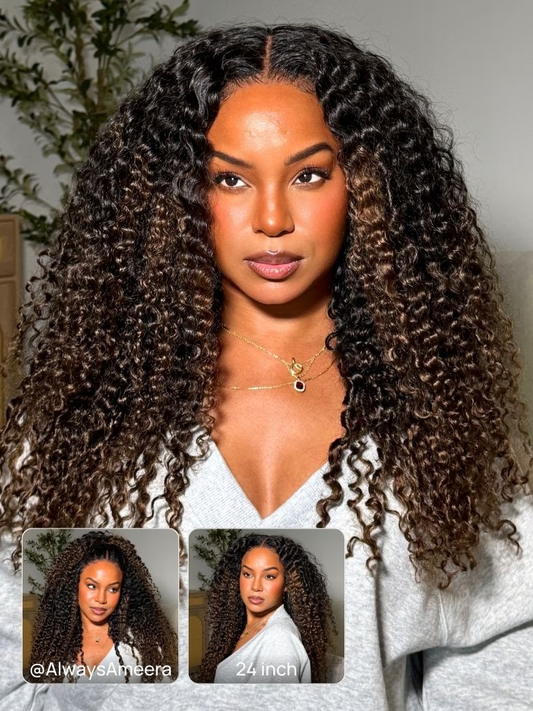 Nadula 7x5 Chestnut Brown Ombre Burmese Curly Glueless Wigs Elastic Drawstring Snug Fit Put On and Go Wig with Finger Coils Ends