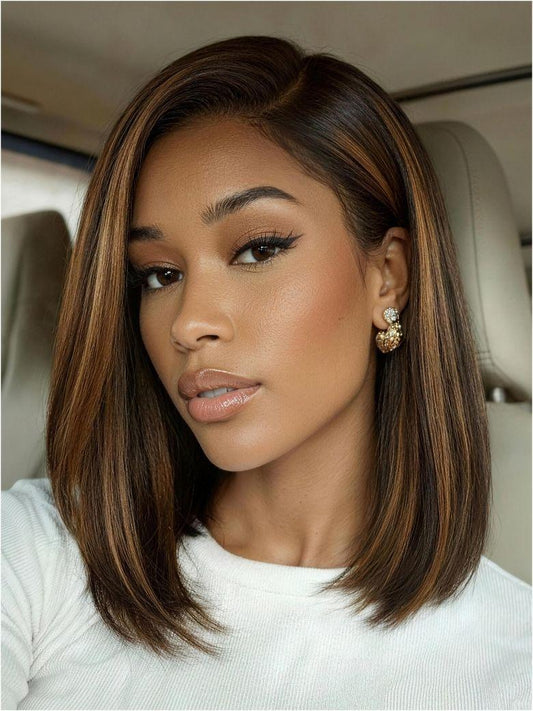 Nadula 7x5 Balayage Highlight Yaki Straight Bob Wig Pre-Bleached Natural