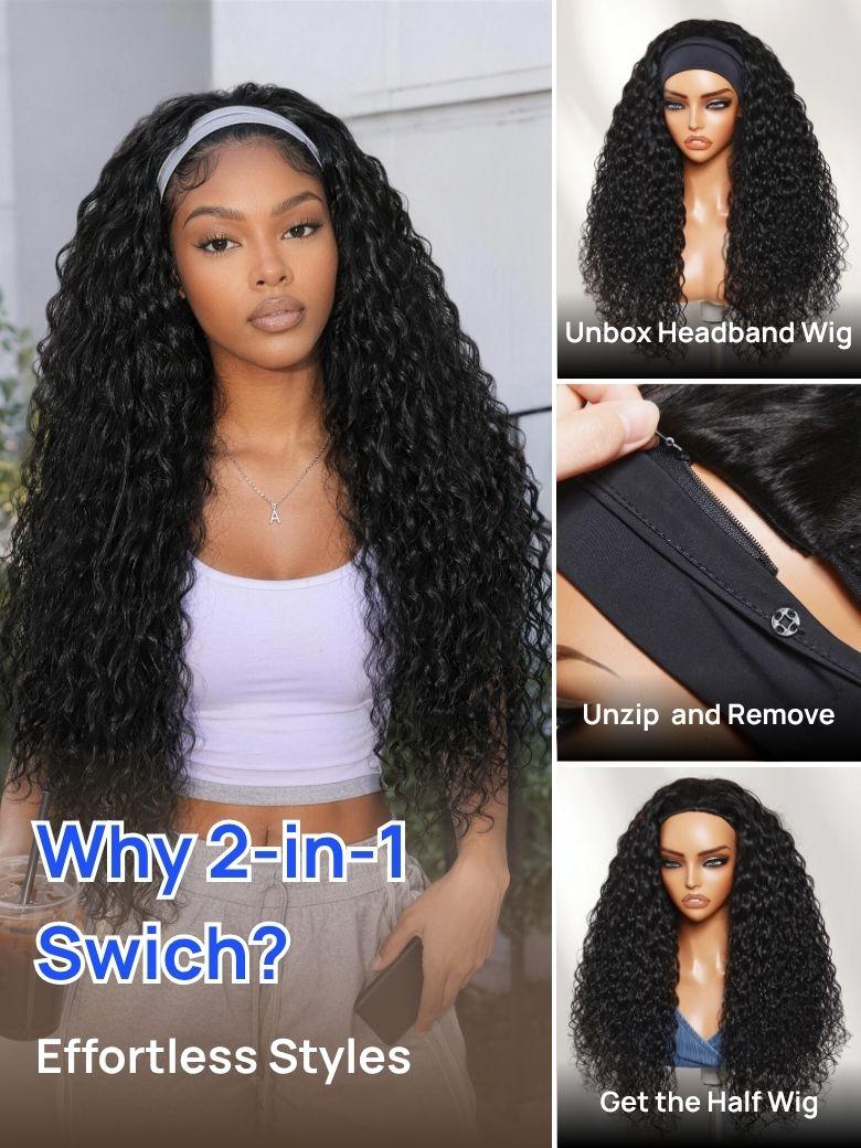 Nadula Water Wave Headband Wig 100% Human Hair Put On