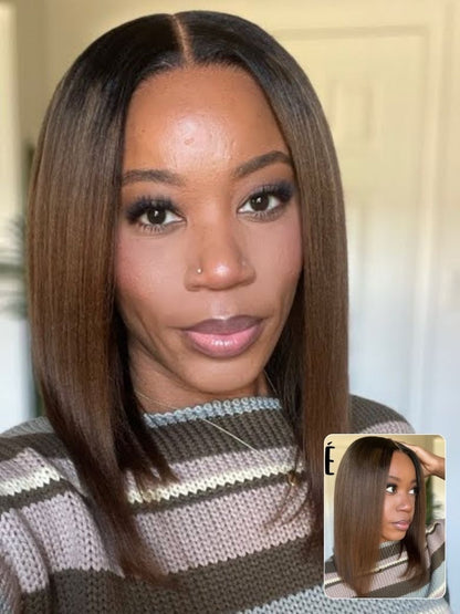 Nadula 7x5 and 13x4 Chestnut Brown Ombre Yaki Straight Bob Wig Pre-Bleached Natural Looking Glueless Wig