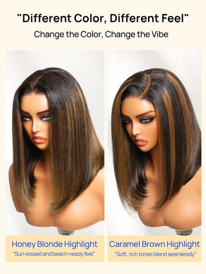 Nadula 7x5 Balayage Highlight Yaki Straight Bob Wig Pre-Bleached Natural