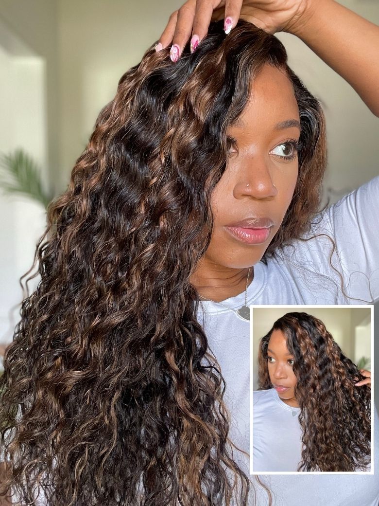 Nadula 7x5 Golden Brown Highlight Wig Water Wave Bye Bye