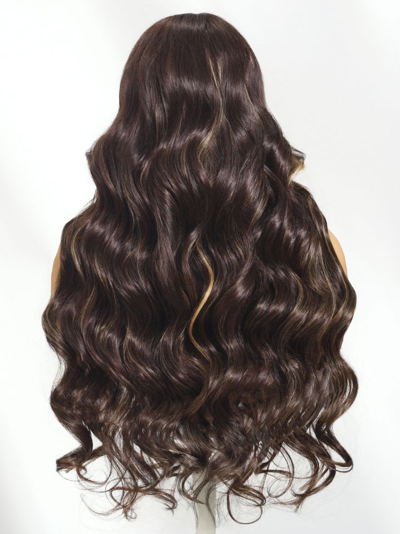 Nadula 7x5 Bye Bye Knots Loose Body Wave Lace Closure Wig Rich Chocolate Brown Hair with Face-Framing Highlights