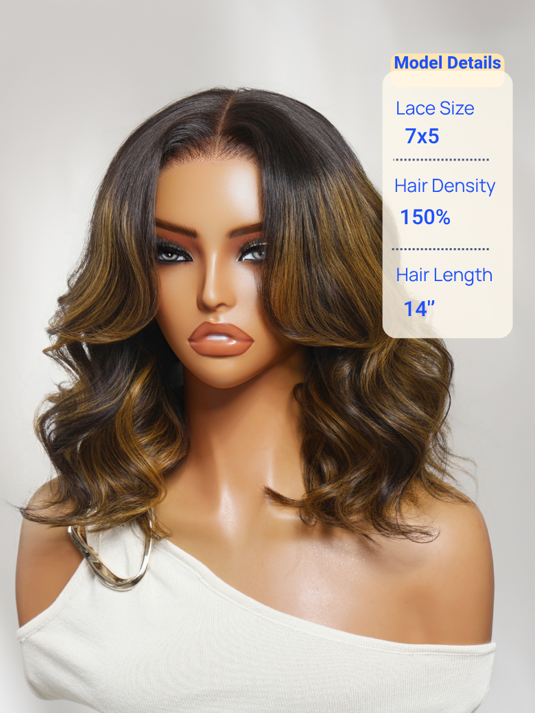 Nadula 7x5 Glueless Wig Brown Balayage Highlight Body Wave Bob