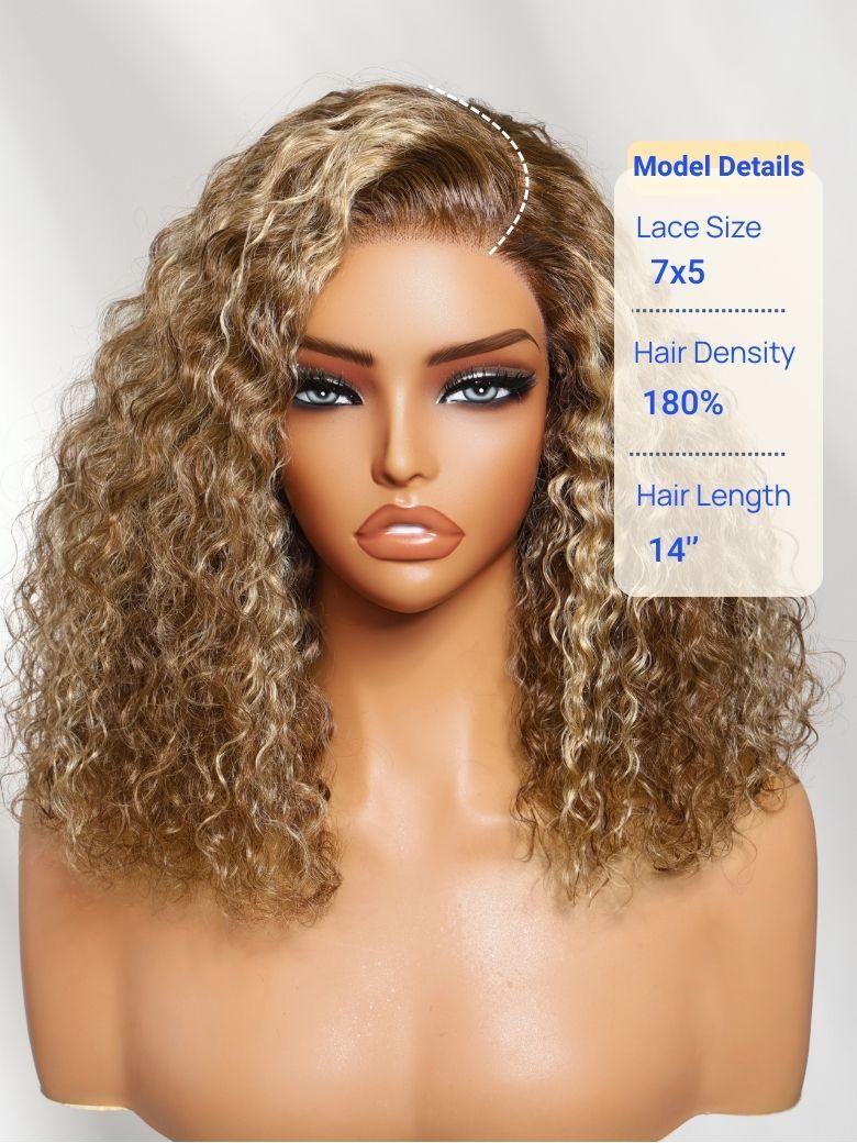 Nadula 7x5 No Slip Wig Brown With Honey Blonde Highlights Sun-kissed Curly Hair Shoulder-length Bob Wig Put on and Go