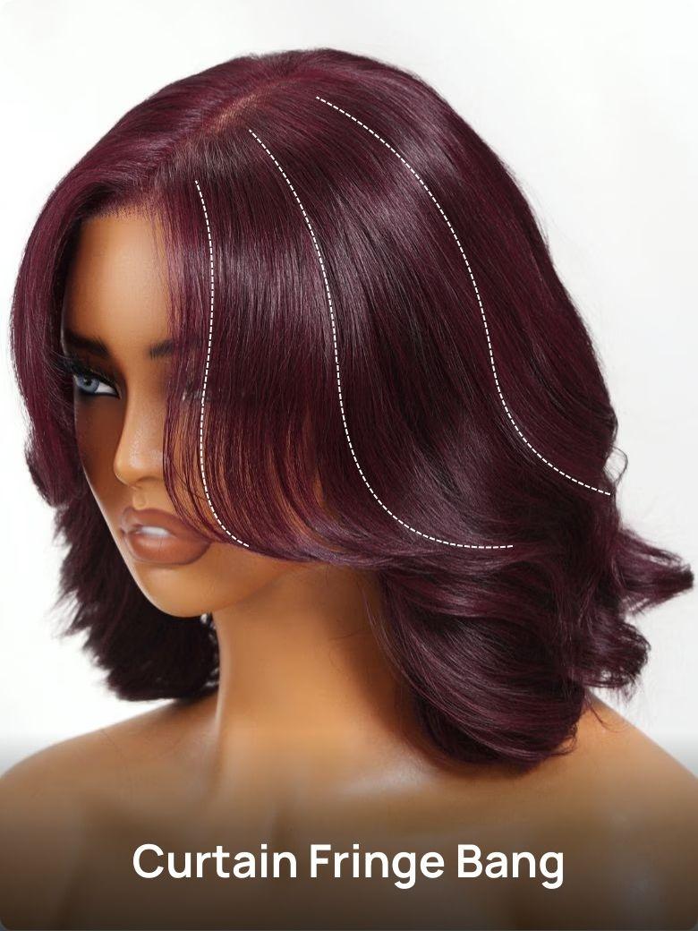 Nadula 7x5 Byebye Knots Wig Black Cherry Red Bob Wig with Curtain Fringe Put On And Go Wig with Invisible Drawstring