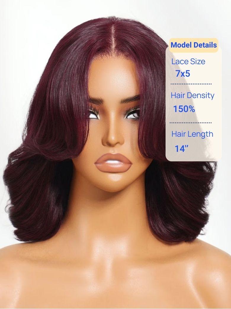 Nadula 7x5 Byebye Knots Wig Black Cherry Red Bob Wig with Curtain Fringe Put On And Go Wig with Invisible Drawstring