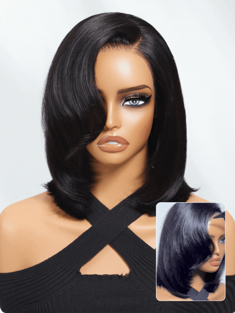 Nadula 7x5 Byebye Knots 90s Rachel Haircut Blunt Layered Wig with Side Part Bangs Put On And Go Human Hair Wig with Drawstring