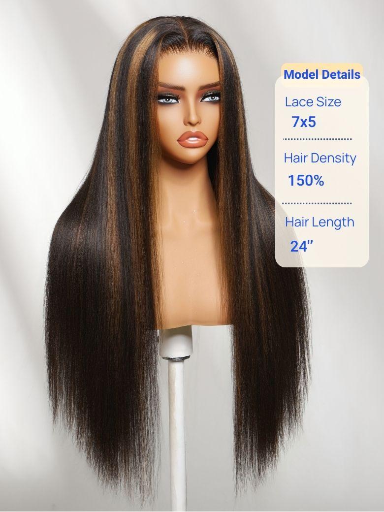 Nadula 7x5 No Slip Wig Golden Brown Highlight Wig Yaki Straight Lace Closure Glueless Human Wig with Drawstring