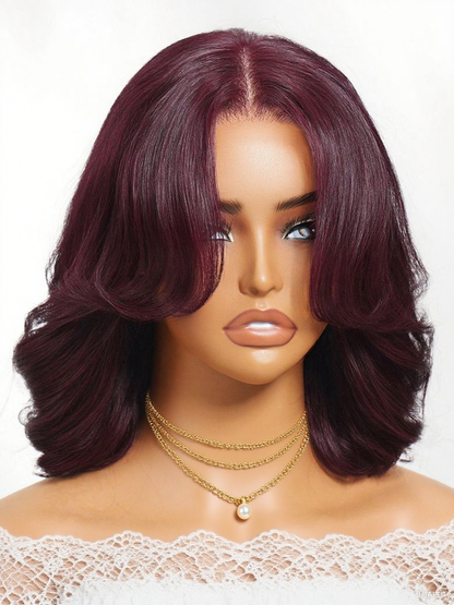 Nadula 7x5 Byebye Knots Wig Black Cherry Red Bob Wig with Curtain Fringe Put On And Go Wig with Invisible Drawstring