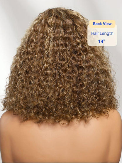 Nadula 7x5 No Slip Wig Brown With Honey Blonde Highlights Sun-kissed Curly Hair Shoulder-length Bob Wig Put on and Go