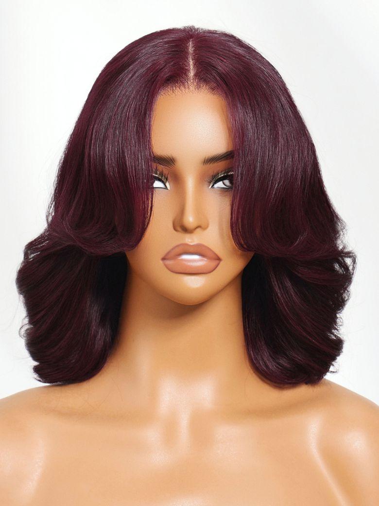 Nadula 7x5 Byebye Knots Wig Black Cherry Red Bob Wig with Curtain Fringe Put On And Go Wig with Invisible Drawstring