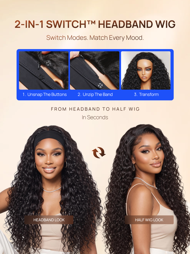 Nadula Water Wave Headband Wig 100% Human Hair Put On