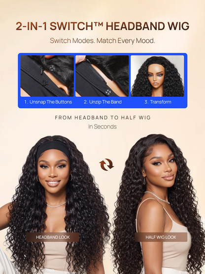 Nadula Water Wave Headband Wig 100% Human Hair Put On