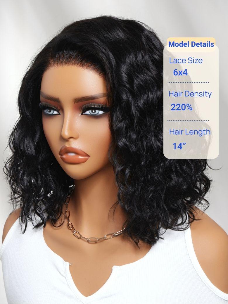Nadula 6x4 Lace Closure Ready to Go Water Wave Short Wavy Bob Wig Glueless Minimalist Lace Wig 220% Density