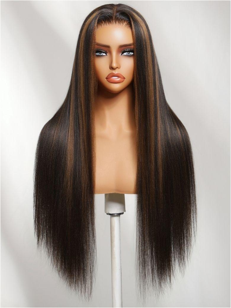 Nadula 7x5 No Slip Wig Golden Brown Highlight Wig Yaki Straight Lace Closure Glueless Human Wig with Drawstring