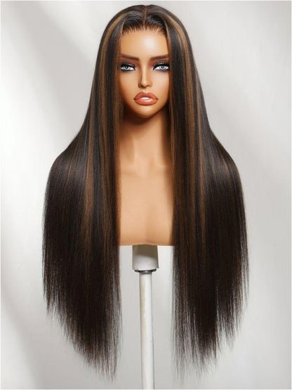 Nadula 7x5 No Slip Wig Golden Brown Highlight Wig Yaki Straight Lace Closure Glueless Human Wig with Drawstring