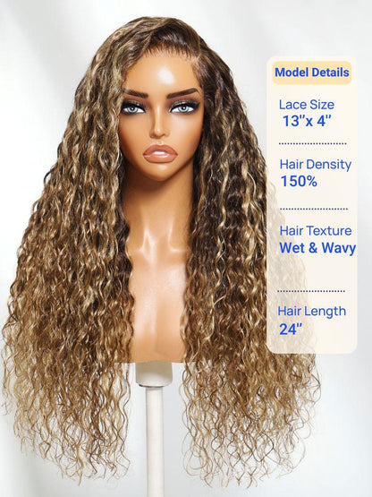 Nadula 13x4 Honey Blonde Highlights Warm Soft Wet & Wavy Texture Lace Frontal Invisible Knots Put on and Go Wig