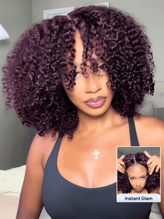 Nadula 7x5 No Slip Deep Burgundy Kinky Curly Wig with Finger Coils Put On and Go Glueless Wigs