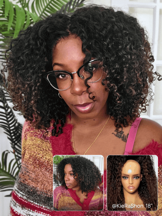Nadula 7x5 Chestnut Brown Ombre Burmese Curly Glueless Wigs Elastic Drawstring Snug Fit Put On and Go Wig with Finger Coils Ends