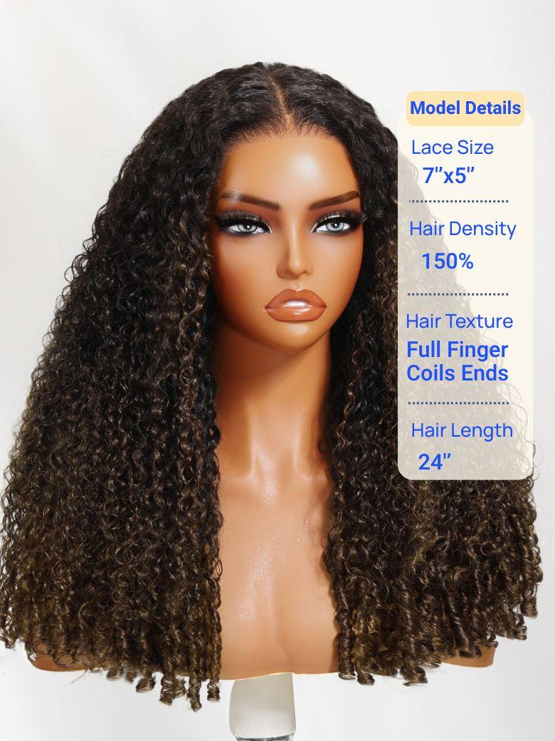 Nadula 7x5 Burmese Curly Glueless Wigs Elastic Drawstring Snug Fit Lace Closure Put On And Go Wig With Finger Coils Ends