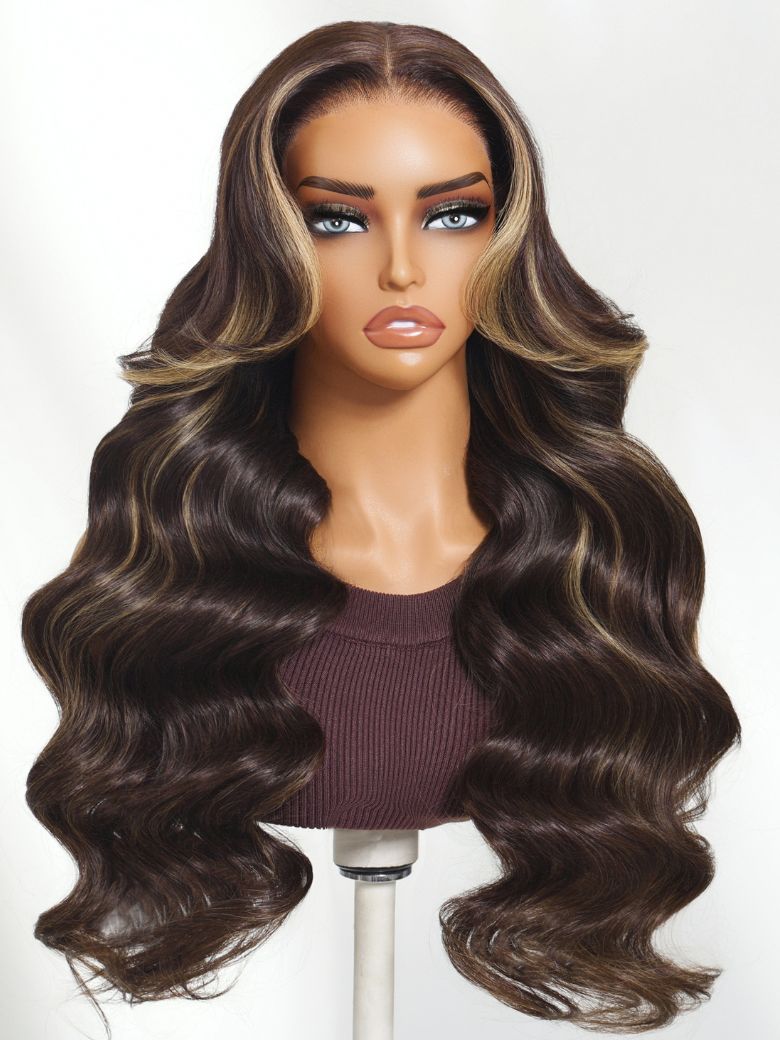 Nadula 7x5 Bye Bye Knots Loose Body Wave Lace Closure Wig Rich Chocolate Brown Hair with Face-Framing Highlights