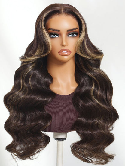 Nadula 7x5 Bye Bye Knots Loose Body Wave Lace Closure Wig Rich Chocolate Brown Hair with Face-Framing Highlights