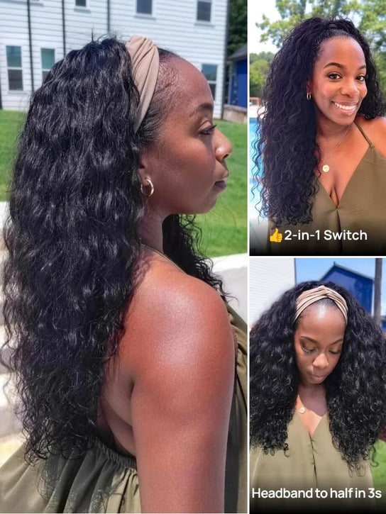 Nadula Water Wave 2-in-1 Swich Headband Wig 100% Human Hair Put On and Go Glueless Wig with Drawstring