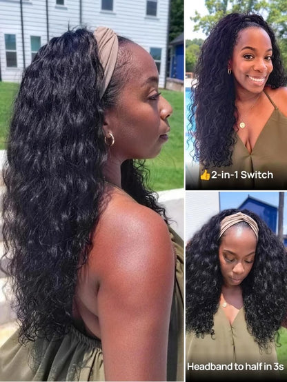 Nadula Water Wave 2-in-1 Swich Headband Wig 100% Human Hair Put On and Go Glueless Wig with Drawstring
