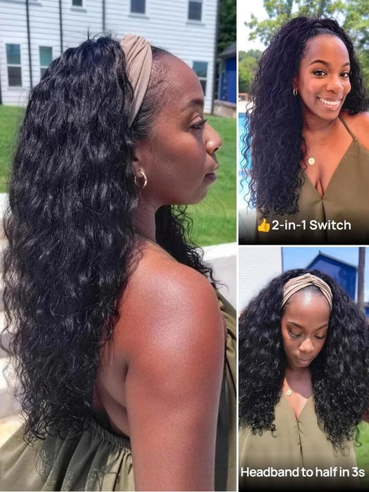 Nadula Water Wave 2-in-1 Swich Headband Wig 100% Human Hair Put On and Go Glueless Wig with Drawstring