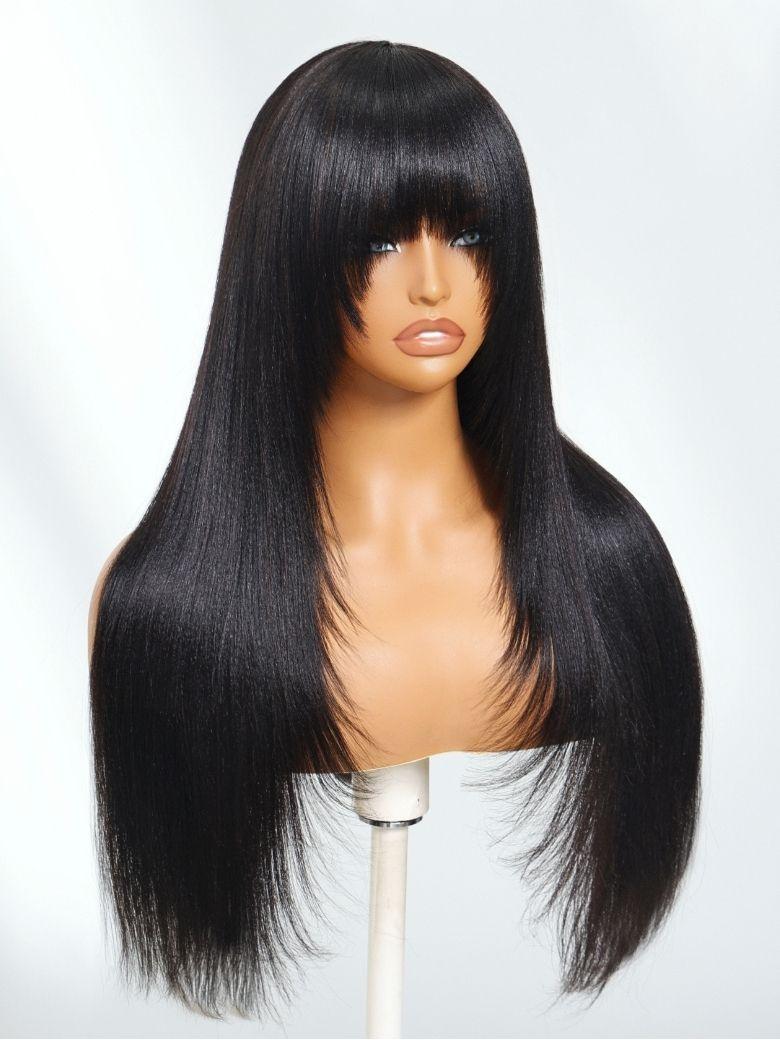 Nadula Yaki Straight Layered Wig with Bangs Glueless Human Hair Wig Put On and Go Wig Beginner Friendly Classic Cap