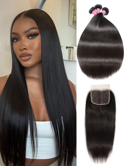Nadula Straight 3 Bundles With 4x4 Lace Closure Soft Unprocessed
