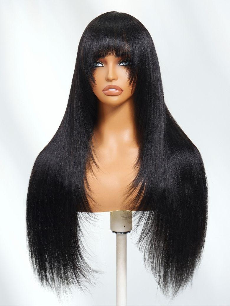 Nadula Yaki Straight Layered Wig with Bangs Glueless Human Hair Wig Put On and Go Wig Beginner Friendly Classic Cap