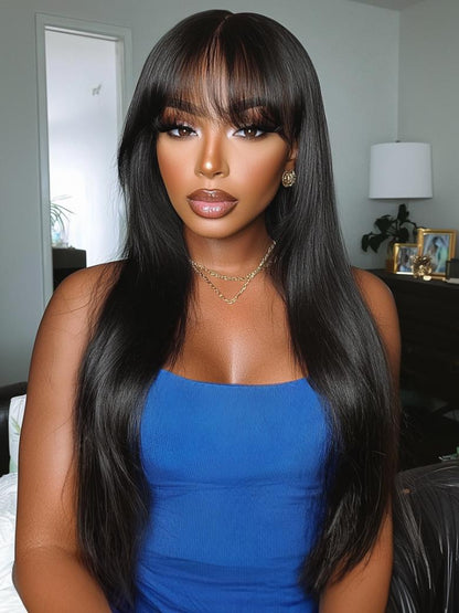 Nadula Yaki Straight Layered Wig with Bangs Glueless Human Hair Wig Put On and Go Wig Beginner Friendly Classic Cap