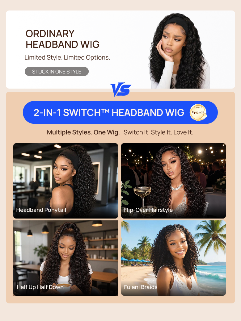 Nadula Water Wave Headband Wig 100% Human Hair Put On